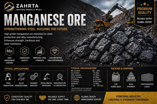High Grade Manganese Ore (38–48% Mn) for Steel & Alloy Industry – Bulk Supply